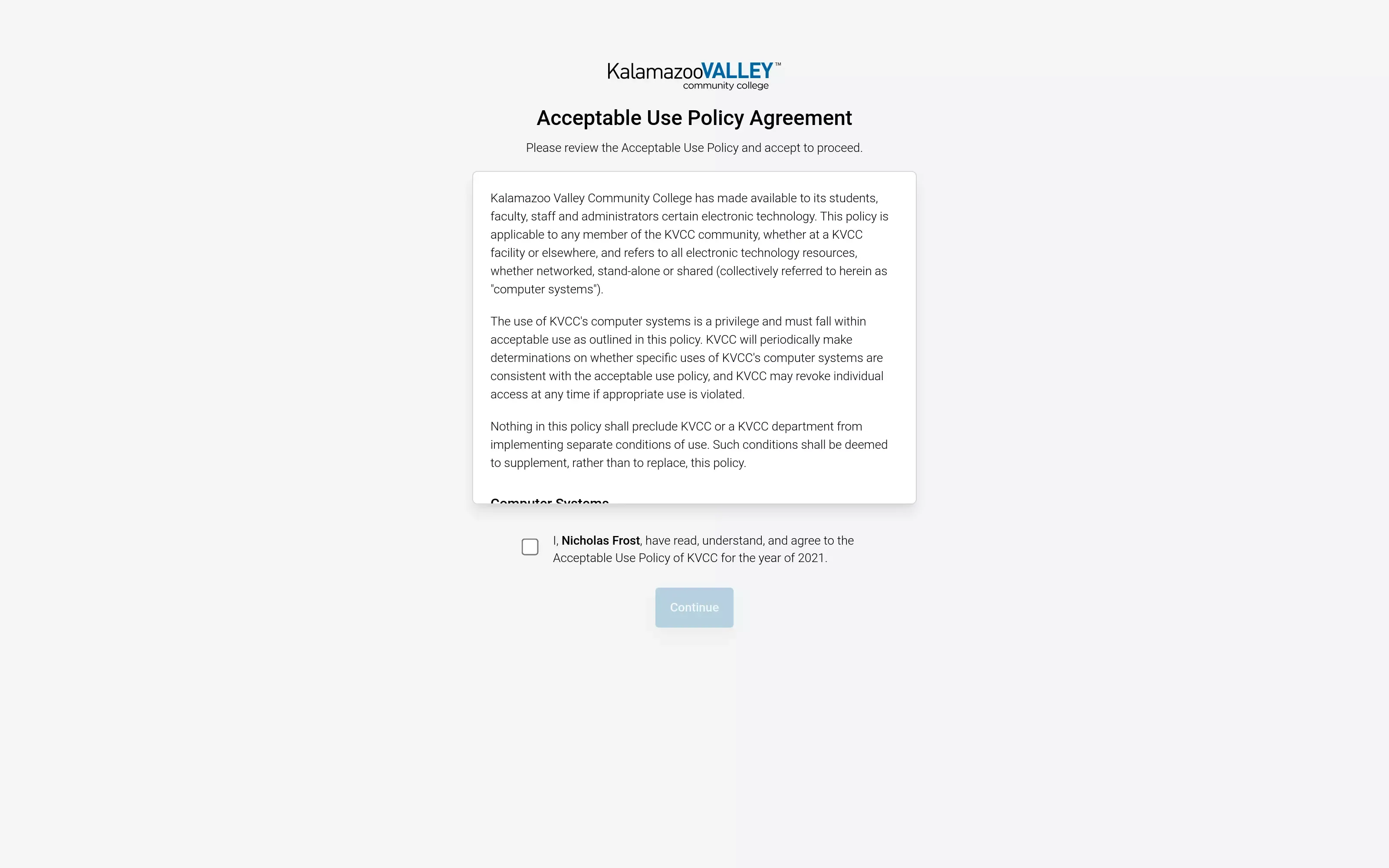 Acceptable Use Policy Agreement screenshot